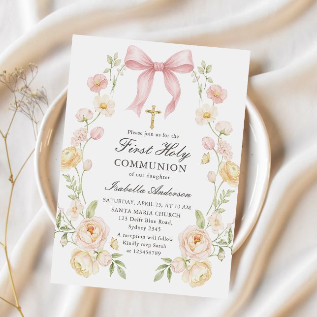 Invitation Première communion fille rose floral noeud (Créateur téléchargé)