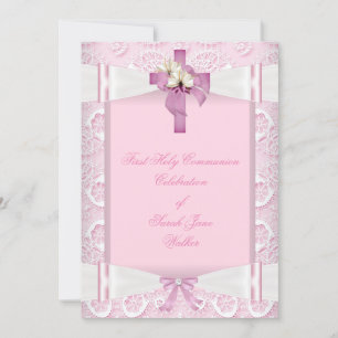 Invitation Première communion fille rose ruban en dentelle bl