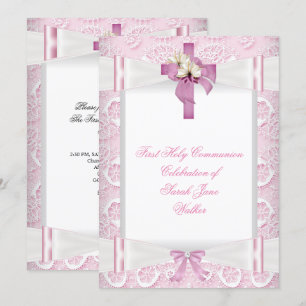 Invitation Première communion fille rose ruban en dentelle bl