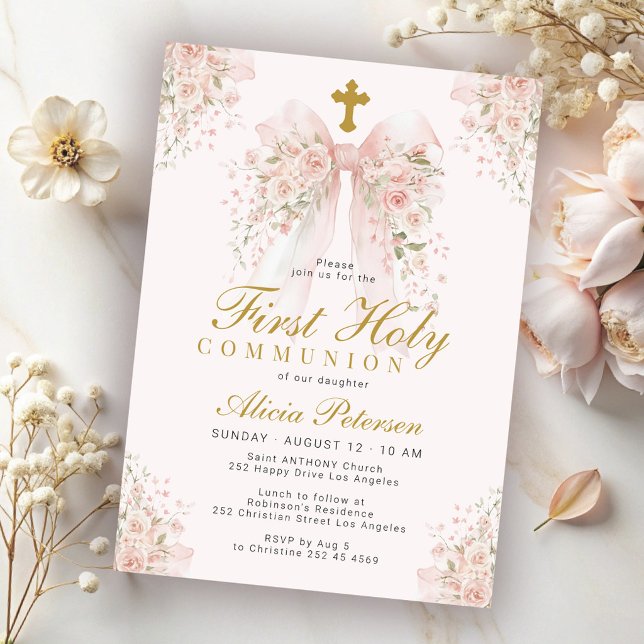 Invitation Première communion fille ruban floral rose poudré  (Créateur téléchargé)