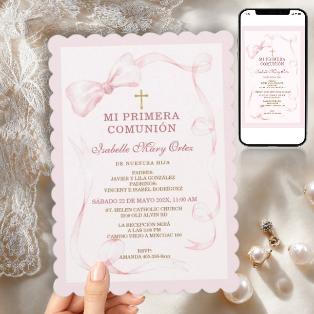 Invitation Première Communion Fille Ruban Rose (Créateur téléchargé)