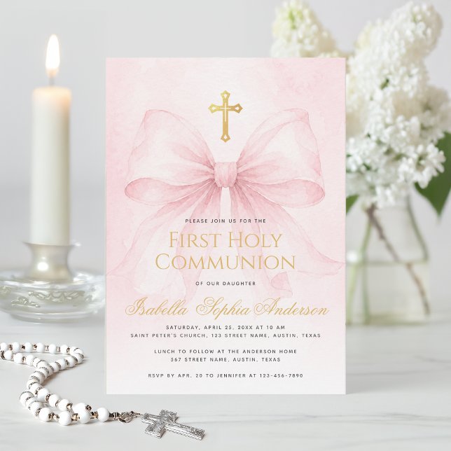 Invitation Première communion fille Ruban rose Croix en faux  (Créateur téléchargé)
