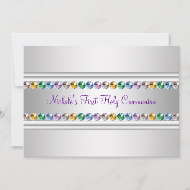 Invitation Première communion fille Violet Blanc Rhinestones  (Devant)