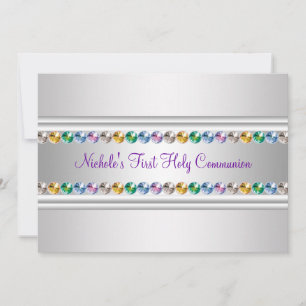 Invitation Première communion fille Violet Blanc Rhinestones