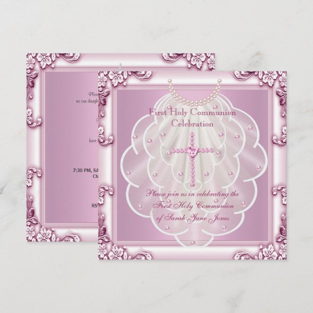 Invitation Première communion fille voile rose croix rose (Devant / Derrière)