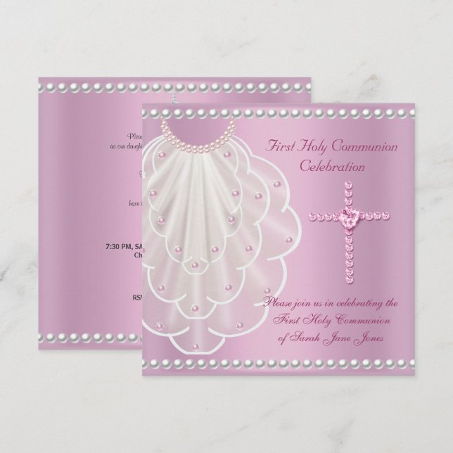 Invitation Première communion fille voile rose perle rose (Devant / Derrière)