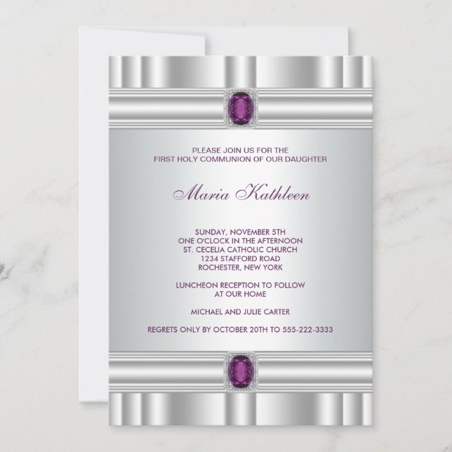 Invitation Première communion filles blanc violet (Devant)