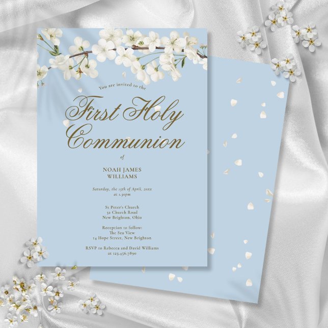 Invitation Première Communion Fleur Floral Élégant Bleu (First Holy Communion Blossom Floral Elegant Blue Invitation)