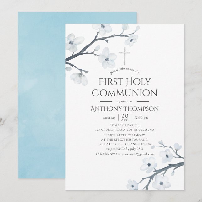 Invitation Première communion Fleurs de cerisier blanc (Devant / Derrière)