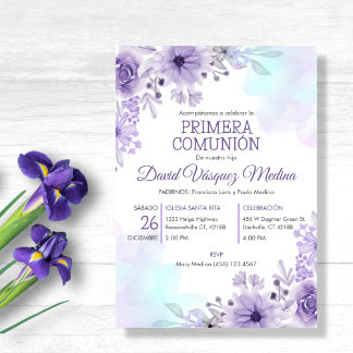Invitation Première Communion Fleurs Violettes Mig