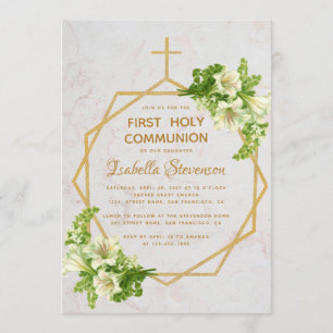 Invitation Première communion Floral Gold Cross Lilies Marbre