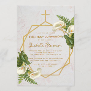 Invitation Première communion Floral Marbre Or Calla Lilies