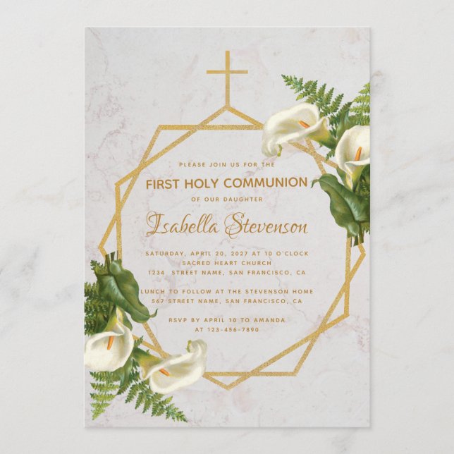 Invitation Première communion Floral Marbre Or Calla Lilies (Devant)