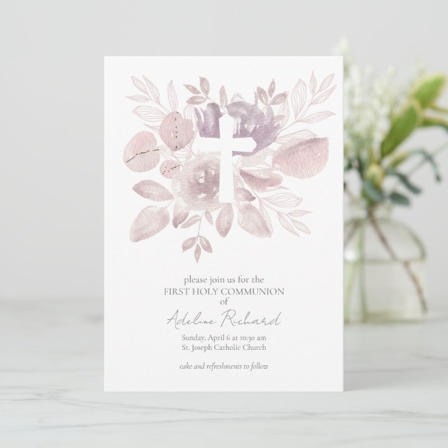 Invitation Première communion florale aquarelle  (Debout devant)
