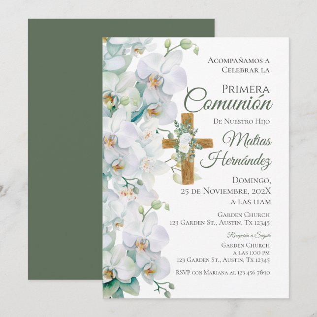 Invitation Première communion florale blanc et verdure (Devant / Derrière)