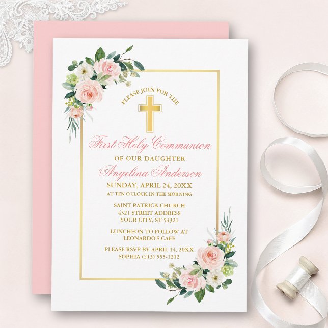 Invitation Première communion florale blanche rose aquarelle  (Customize to change text color, style, add text & photos to back or change color of back of card.)