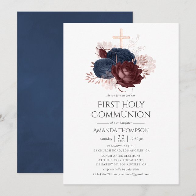 Invitation Première communion florale bleu marine et bordeaux (Devant / Derrière)