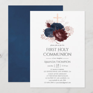 Invitation Première communion florale bleu marine et bordeaux