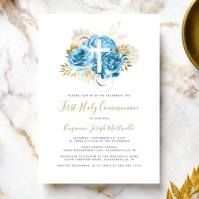 Invitation Première communion florale bleu or Croix Photo (Créateur téléchargé)