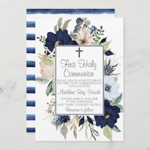 Invitation Première communion florale bleue