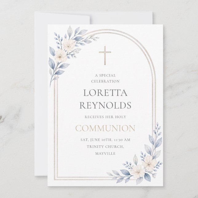 Invitation Première communion florale bleue élégante avec arc (Devant)