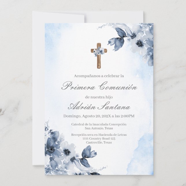 Invitation Première communion florale bleue en espagnol (Devant)