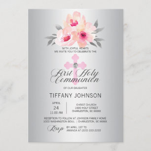 Invitation Première Communion Florale Croix Rose FILLE + POEM