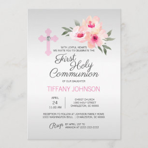 Invitation Première Communion Florale Croix Rose FILLE + POEM