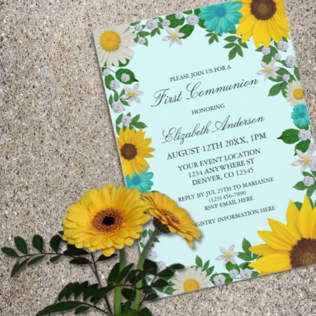 Invitation Première communion florale de fleur de tournesol r (Créateur téléchargé)