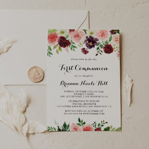 Invitation Première communion florale de printemps rose de Bo