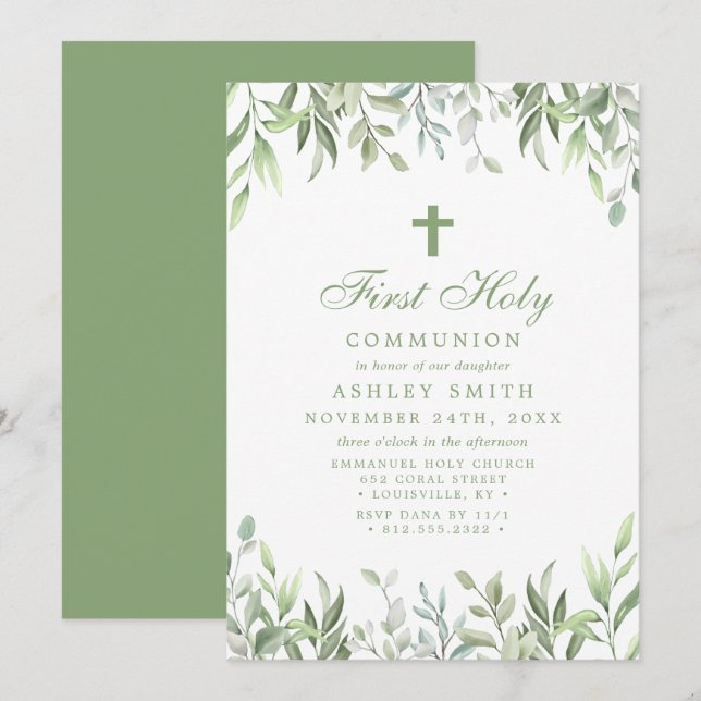 Invitation Première communion florale de verdure aquarelle ru (Devant / Derrière)