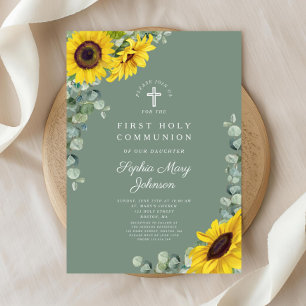 Invitation Première communion florale élégante d'eucalyptus