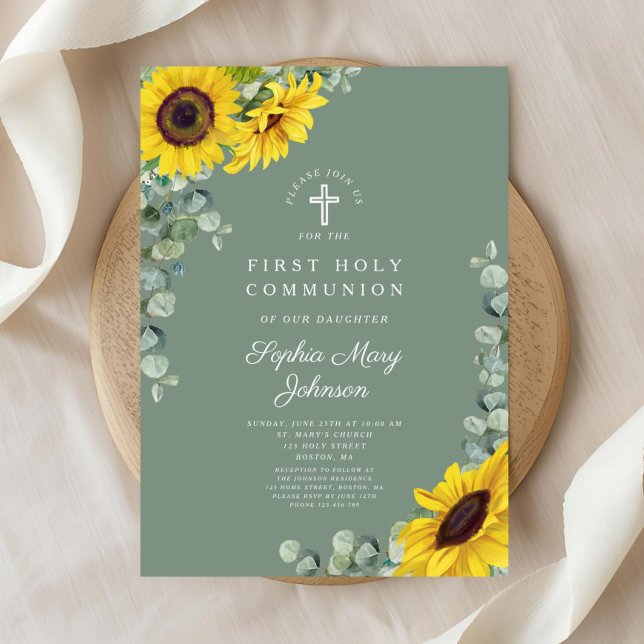 Invitation Première communion florale élégante d'eucalyptus (Elegant Floral Eucalyptus First Communion Invitation)