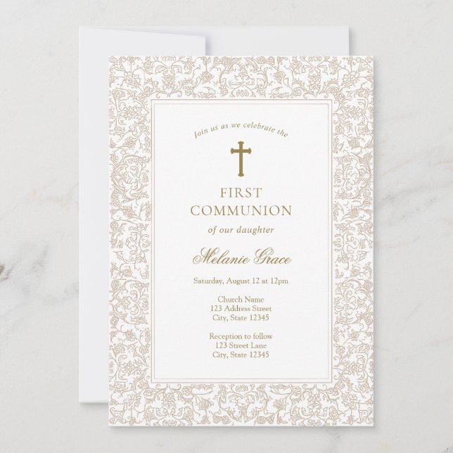 Invitation Première communion florale élégante en or traditio (Devant)