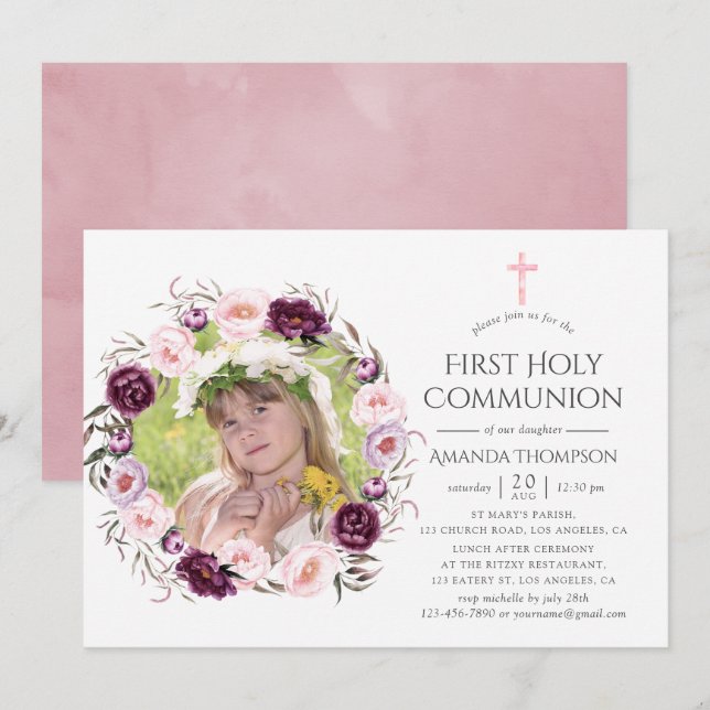 Invitation Première communion florale en velours profond et r (Devant / Derrière)