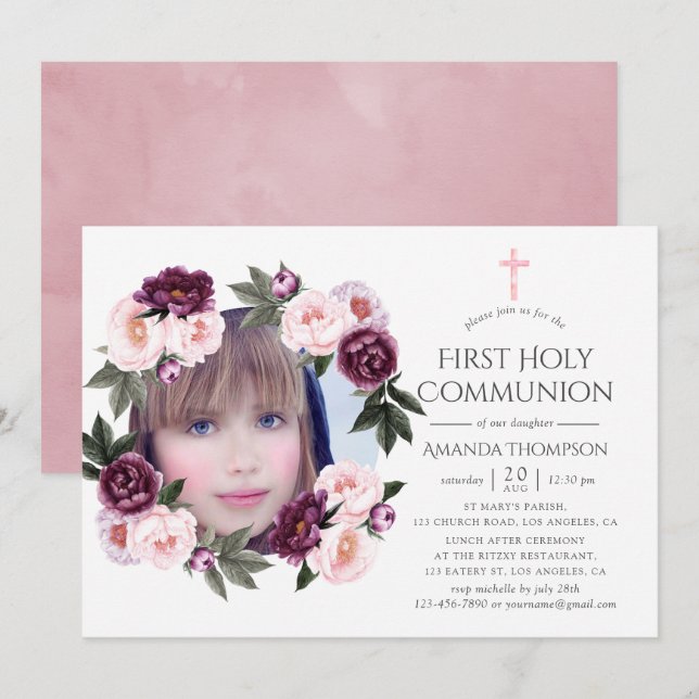 Invitation Première communion florale en velours profond et r (Devant / Derrière)