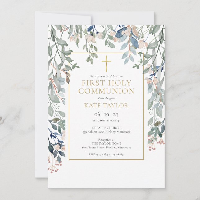 Invitation Première communion florale feuillage (Devant)