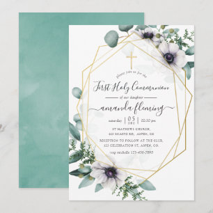 Invitation Première communion florale géométrique à l'eucalyp