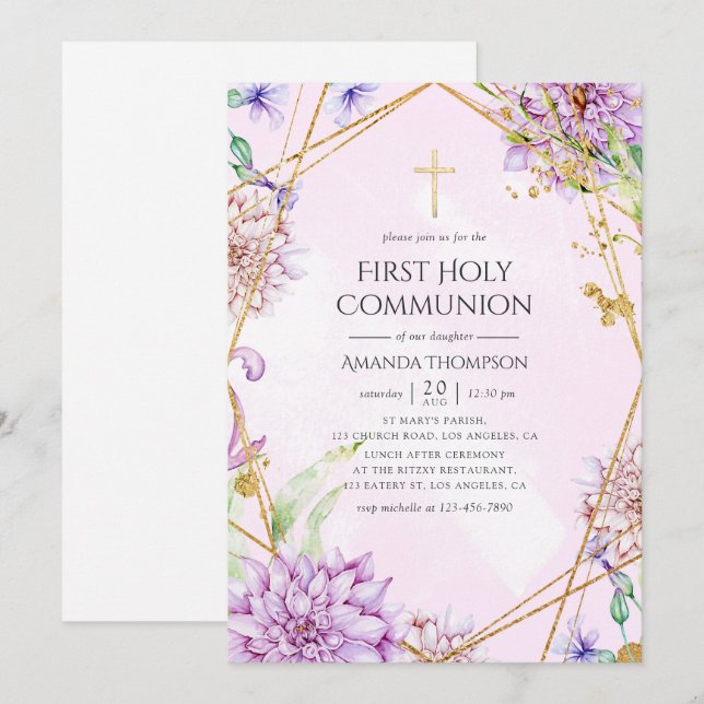 Invitation Première communion florale géométrique violette et (Devant / Derrière)