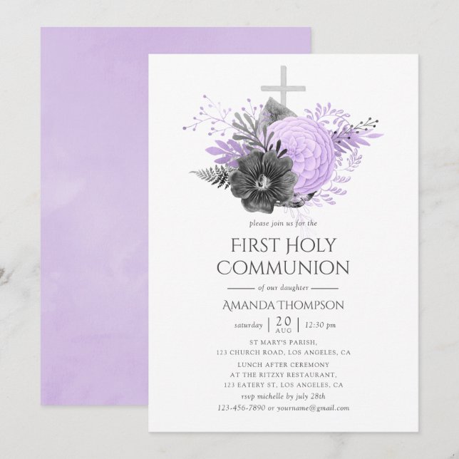 Invitation Première communion florale lilas et charbon (Devant / Derrière)