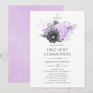 Invitation Première communion florale lilas et charbon