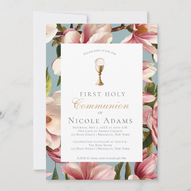 Invitation Première communion florale Magnolia  (Devant)
