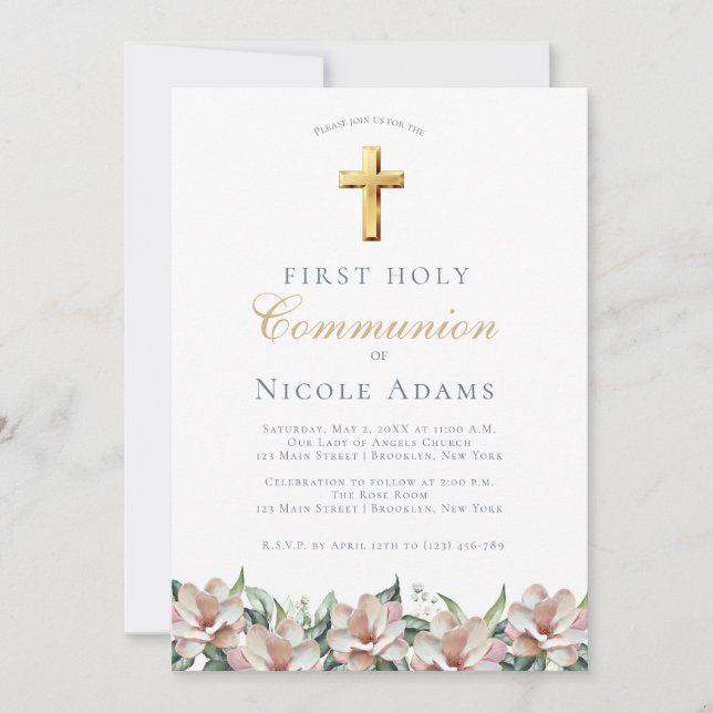 Invitation Première communion florale Magnolia  (Devant)