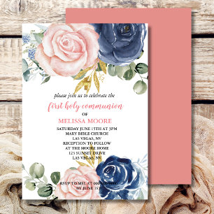 Invitation Première Communion Florale Marine bleu rose