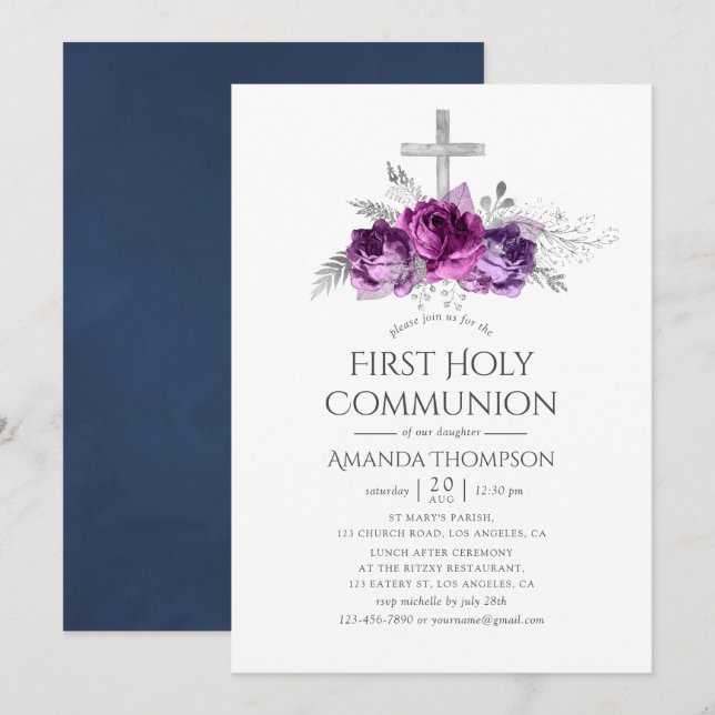 Invitation Première communion florale prune et marine (Devant / Derrière)