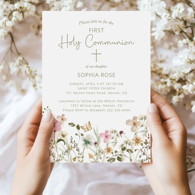 Invitation Première communion florale rose (Créateur téléchargé)