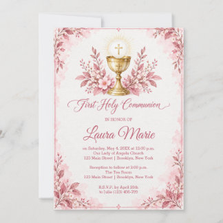 Invitation Première communion florale rose aquarelle