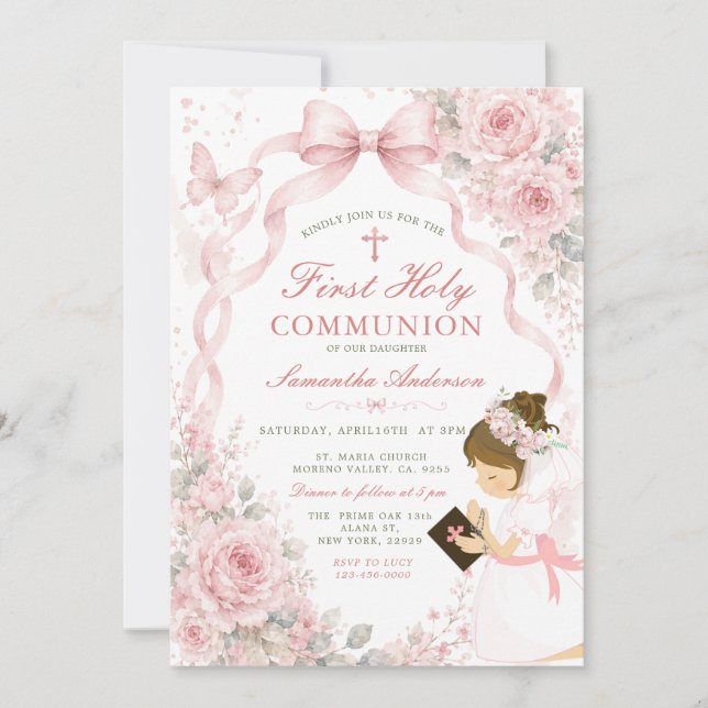 Invitation Première communion florale rose avec croix de fill (Devant)