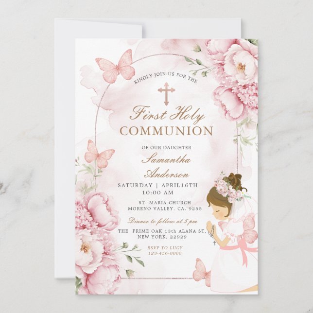 Invitation Première communion florale rose avec fille (Devant)