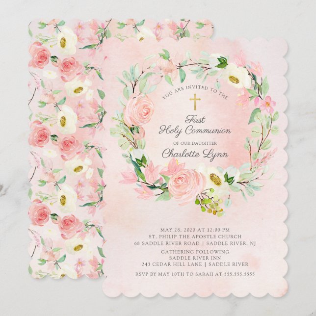 Invitation Première communion florale rose chic et élégant (Devant / Derrière)
